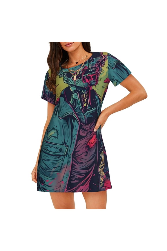 Neon Zombie Skull Print Nightgowns for Women,Soft Short-Sleeved Lightweight Sleepwear, Loose Sleepshirts