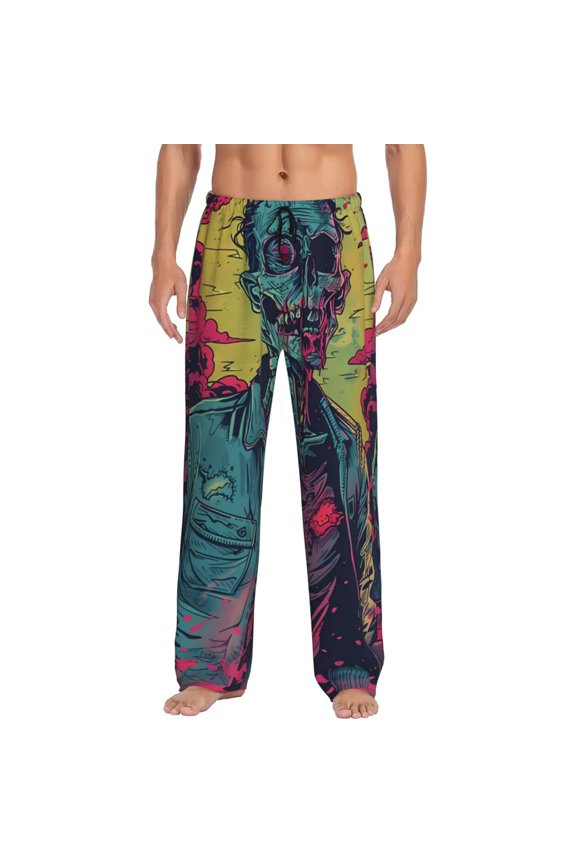 Neon Zombie Skull Print Pajama Pants for Men,Men’s Pajama Bottoms,Mens PJ Pants with Pockets & Button Fly-3X-Large