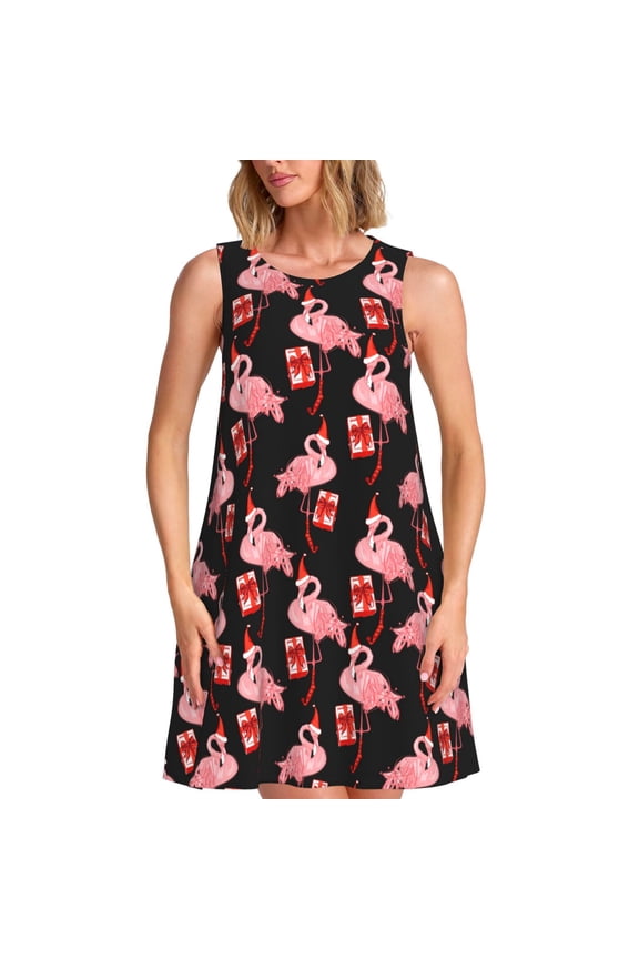 New Year Flamingo Print Summer Dresses for Women,Beach Sleeveless Flowy Pocket Tshirt Tank Sundresses,Women's Sleeveless Dress