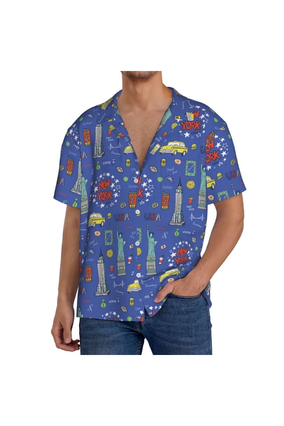 New-York City Print Men's Button Down Shirts Short Sleeve, Summer Beach Shirts,Vacation Wedding Shirts,Men's Casual Button-Down Shirts with Pocket-Medium