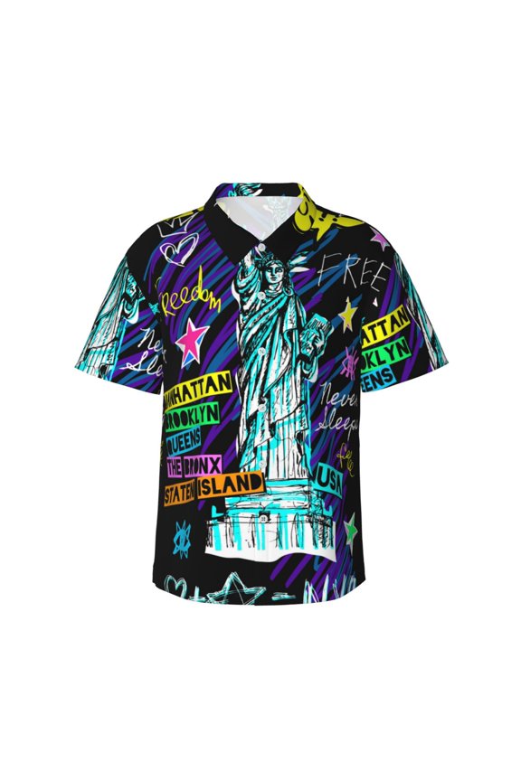 New York City Print Mens Hawaiian Shirts,Loose-Fit Short Sleeve Button Down Tropical Aloha Beach Shirt,Summer Vacation Wedding Tops,Small