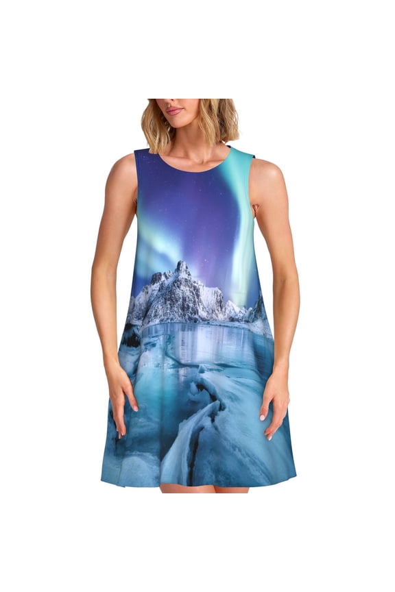 Night At Lake Aurora 1 Print Summer Dresses for Women,Beach Sleeveless Flowy Pocket Tshirt Tank Sundresses,Women's Sleeveless Dress