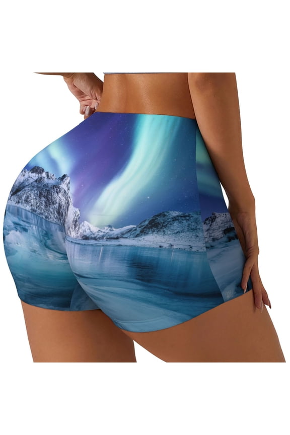Night At Lake Aurora 1 Print Women's Biker Shorts,Workout Gym Shorts,Scrunch Shorts,Tummy Control Hidden Scrunch Running Yoga Shorts-