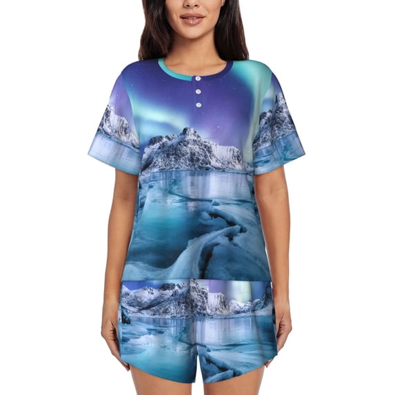 Logiee Night At Lake Aurora 1 Print Womens Pajamas Set,Short-Sleeve Pajama 2 Piece Sleepwear with Pockets-Small