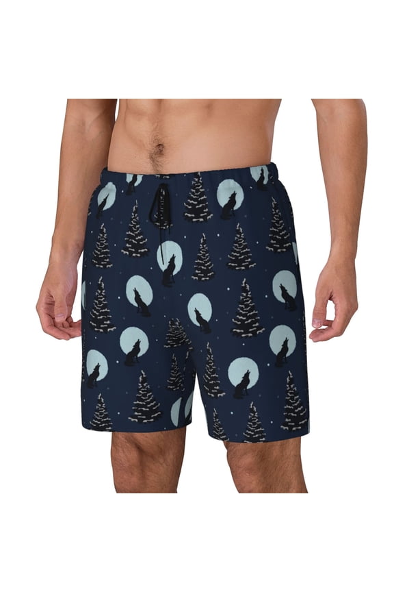 Night Forest Wolf Print Men's Swim Trunk,Quick Dry Board Shorts ,Men's Swim Trunks with Compression Liner, Bathing Suits with Pockets-3X-Large
