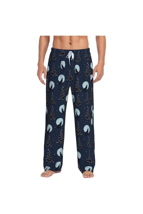 Night Forest Wolf Print Pajama Pants for Men,Men’s Pajama Bottoms,Mens PJ Pants with Pockets & Button Fly-Large