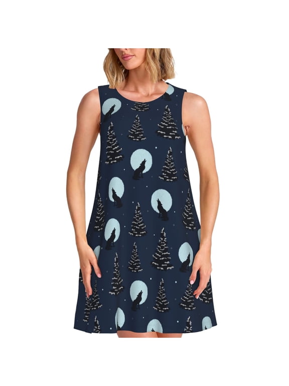 Night Forest Wolf Print Summer Dresses for Women,Beach Sleeveless Flowy Pocket Tshirt Tank Sundresses,Women's Sleeveless Dress