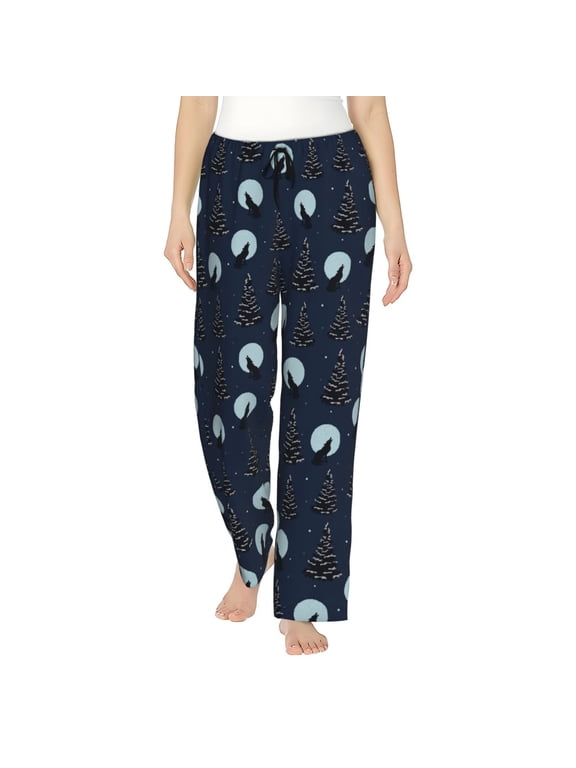 Night Forest Wolf Print Women Pajama Pants,Comfy Pj Bottom with Pockets & Drawstring,Stretch Casual Sleepwear-Large