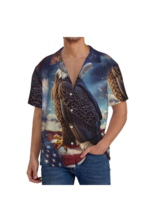Night Sky Bald Eagle Print Men's Button Down Shirts Short Sleeve, Summer Beach Shirts,Vacation Wedding Shirts,Men's Casual Button-Down Shirts with Pocket-X-Large
