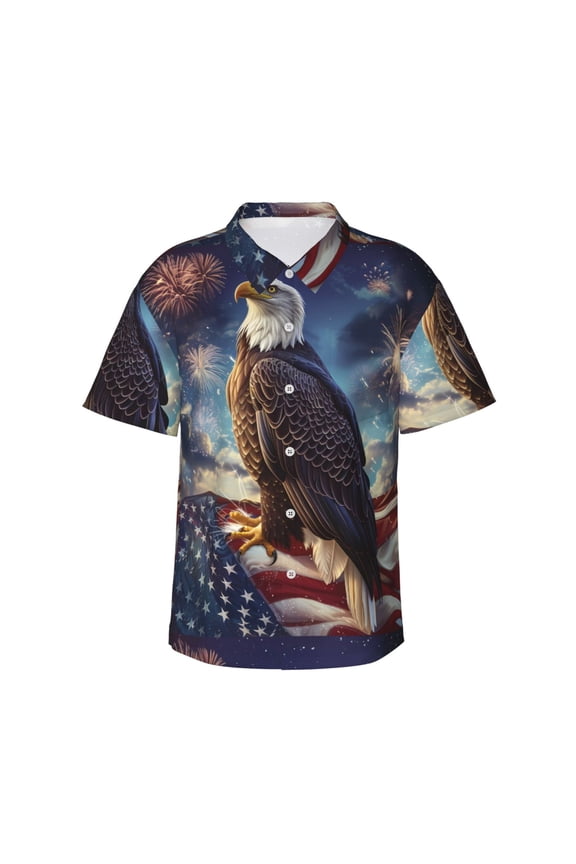 Night Sky Bald Eagle Print Mens Hawaiian Shirts,Loose-Fit Short Sleeve Button Down Tropical Aloha Beach Shirt,Summer Vacation Wedding Tops,3X-Large