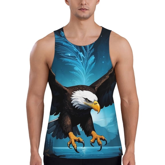 Logiee Night Sky Forest Bald Eagle Print Men's Workout Tank Top,Quick Dry Workout Tank Top,Gym Muscle Tee,Fitness Bodybuilding Sleeveless T Shirt-Large