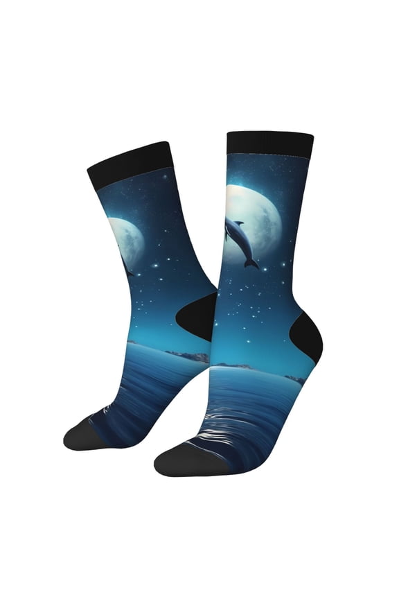 Night Sky Moon Dolphin Print Adult Socks for Men & Women,Calf Socks, Ankle Socks,Boots Socks,Breathable Casual Sock,Unisex Crew Socks