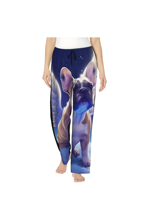 Night Sky Winged French Bulldog Print Women Pajama Pants,Comfy Pj Bottom with Pockets & Drawstring,Stretch Casual Sleepwear-Large