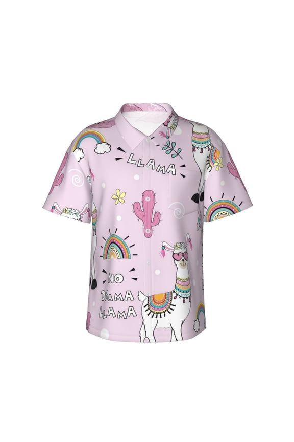 No Drama Llama Print Mens Hawaiian Shirts,Loose-Fit Short Sleeve Button Down Tropical Aloha Beach Shirt,Summer Vacation Wedding Tops,Medium