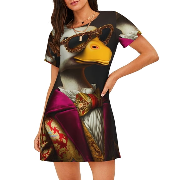 Logiee Noble Style Duck Print Nightgowns for Women,Soft Short-Sleeved Lightweight Sleepwear, Loose Sleepshirts