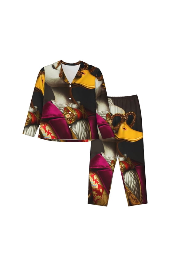 Noble Style Duck Print Womens Pajamas Set,Long Sleeve Sleepwear,Button Down Lounge Set 2 Pieces,Soft Nightwear Pjs Set-X-Large