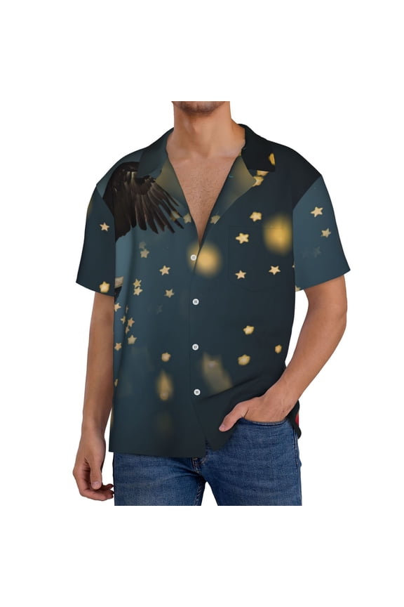 North American Bald Eagle Print Men's Button Down Shirts Short Sleeve, Summer Beach Shirts,Vacation Wedding Shirts,Men's Casual Button-Down Shirts with Pocket-Medium