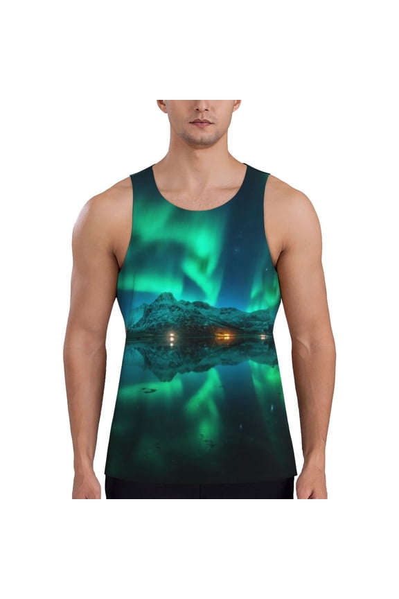 Northern Lights Print Men's Workout Tank Top,Quick Dry Workout Tank Top,Gym Muscle Tee,Fitness Bodybuilding Sleeveless T Shirt-Large