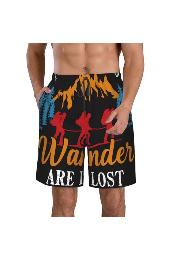 Not All Who Wander Are Lost Hiking Print Mens Swim Trunks Quick Dry Board Shorts,Breathable Hawaii Beach Shorts Swimwear Bathing Suits-Medium
