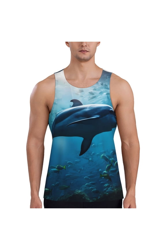 Ocean Dolphin Fish School Print Men's Workout Tank Top,Quick Dry Workout Tank Top,Gym Muscle Tee,Fitness Bodybuilding Sleeveless T Shirt-XX-Large