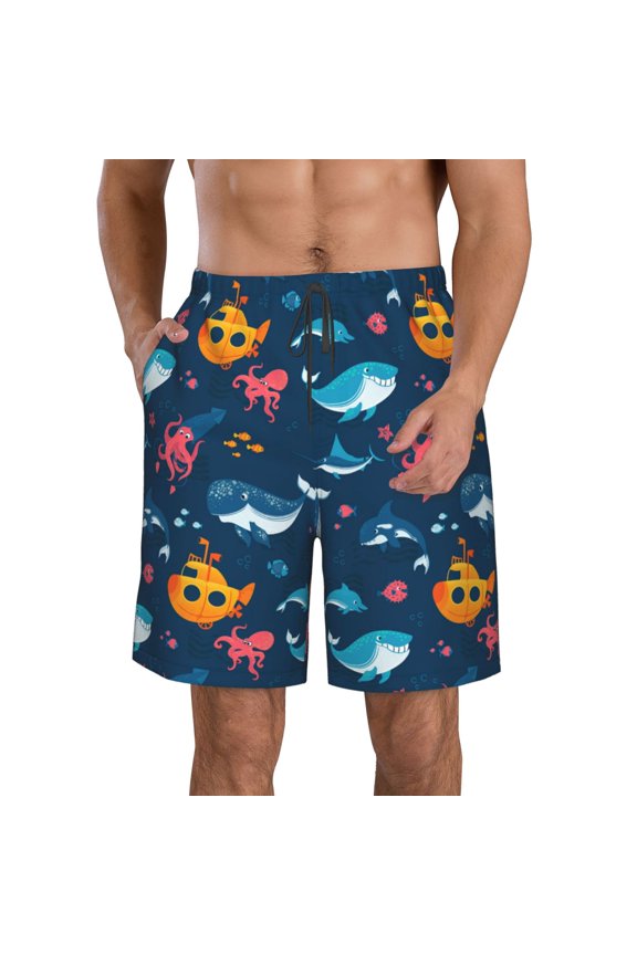 Ocean Floor Animals Print Mens Swim Trunks Quick Dry Board Shorts,Breathable Hawaii Beach Shorts Swimwear Bathing Suits-Small