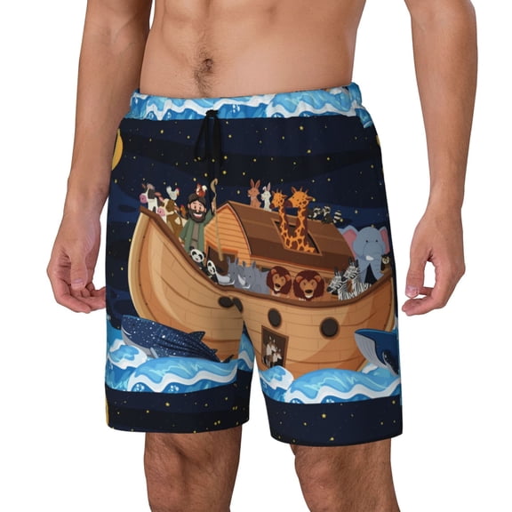 Logiee Ocean Scene with Noah's Ark Print Men's Swim Trunk,Quick Dry Board Shorts ,Men's Swim Trunks with Compression Liner, Bathing Suits with Pockets-X-Large