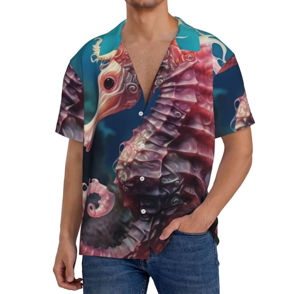 Logiee Ocean Seahorse Print Men's Button Down Shirts Short Sleeve, Summer Beach Shirts,Vacation Wedding Shirts,Men's Casual Button-Down Shirts with Pocket-Small