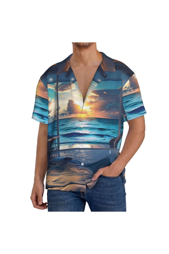 Ocean View Bedroom Print Men's Button Down Shirts Short Sleeve, Summer Beach Shirts,Vacation Wedding Shirts,Men's Casual Button-Down Shirts with Pocket-Small