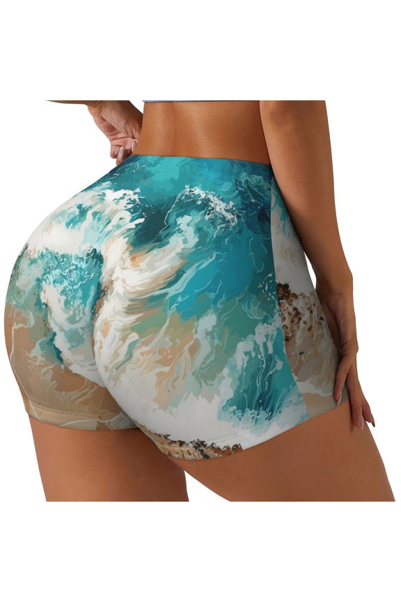 Ocean Wave Crash Print Women's Biker Shorts,Workout Gym Shorts,Scrunch Shorts,Tummy Control Hidden Scrunch Running Yoga Shorts-XX-Large