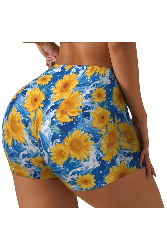 Ocean Wave Sunflower Print Women's Biker Shorts,Workout Gym Shorts,Scrunch Shorts,Tummy Control Hidden Scrunch Running Yoga Shorts-X-Large