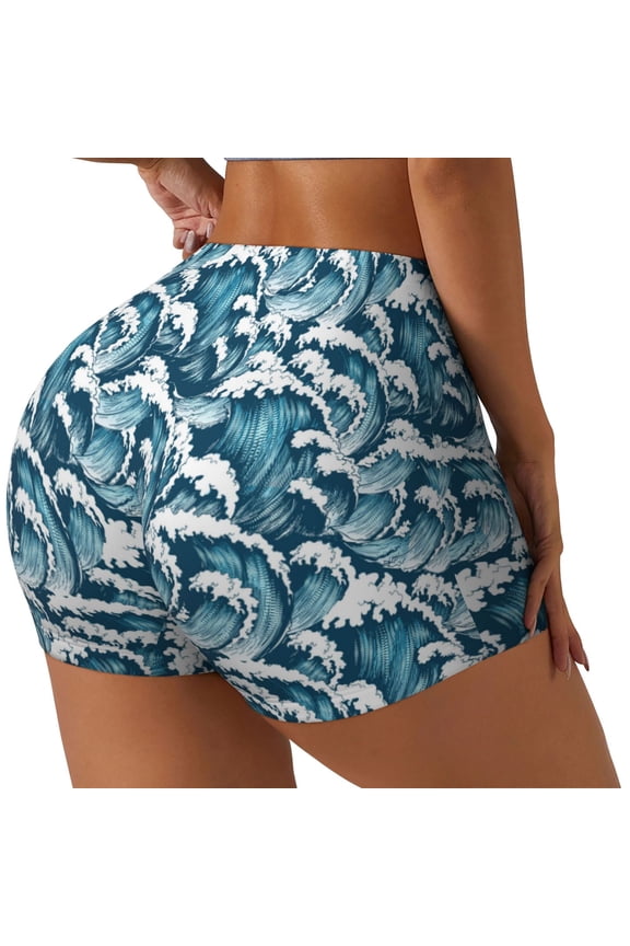 Ocean Waves Print Women's Biker Shorts,Workout Gym Shorts,Scrunch Shorts,Tummy Control Hidden Scrunch Running Yoga Shorts-Medium