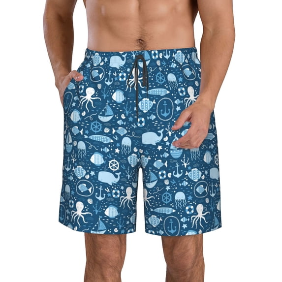 Logiee Octopus And Whale Print Mens Swim Trunks Quick Dry Board Shorts,Breathable Hawaii Beach Shorts Swimwear Bathing Suits-Large