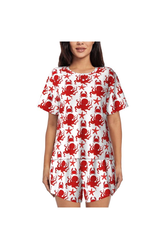 Octopus Print Womens Pajamas Set,Short-Sleeve Pajama 2 Piece Sleepwear with Pockets-Medium