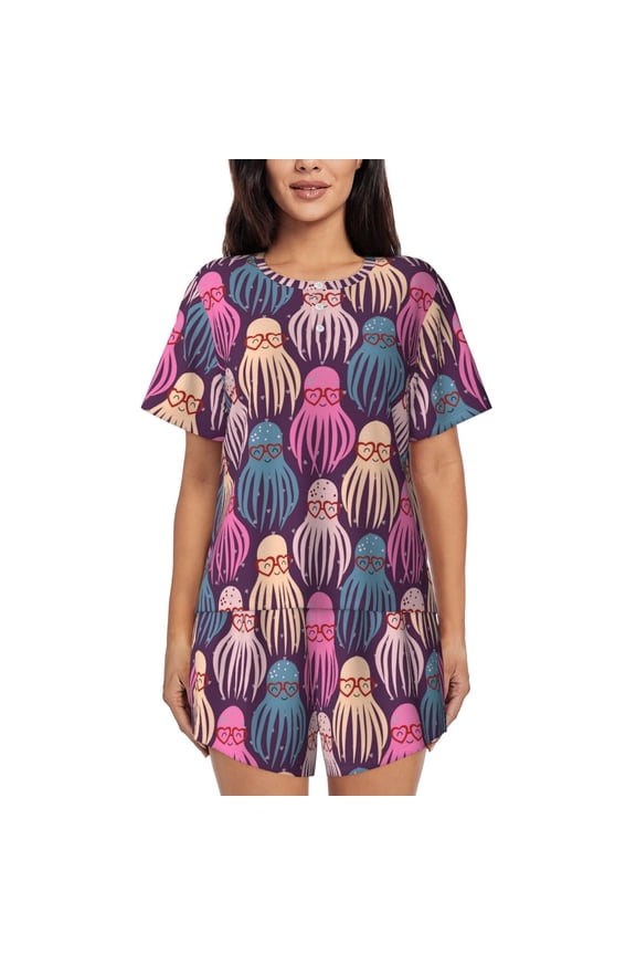 Octopus in love Print Womens Pajamas Set,Short-Sleeve Pajama 2 Piece Sleepwear with Pockets-Medium