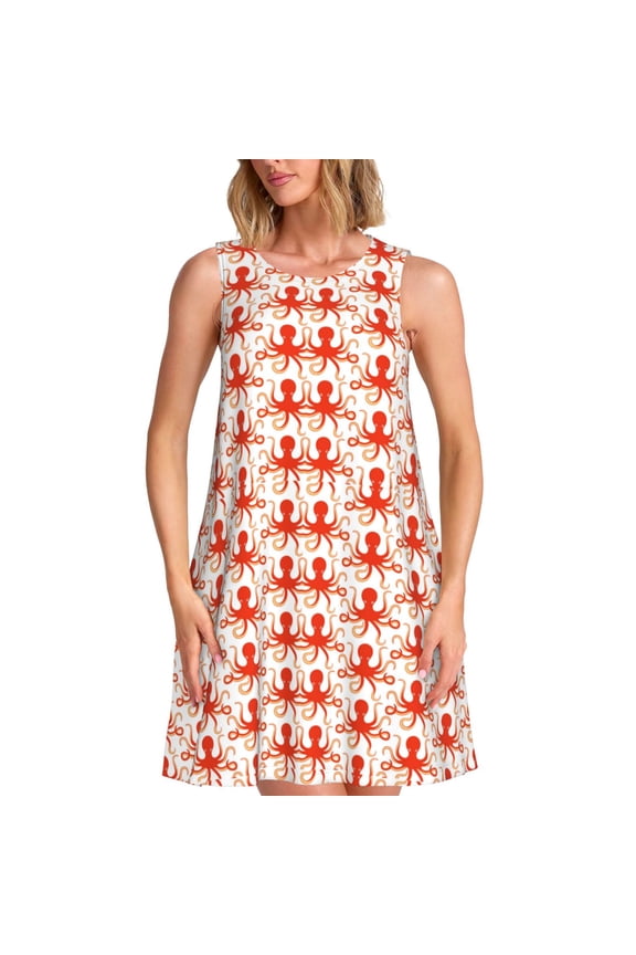 Octopuses1 Print Summer Dresses for Women,Beach Sleeveless Flowy Pocket Tshirt Tank Sundresses,Women's Sleeveless Dress