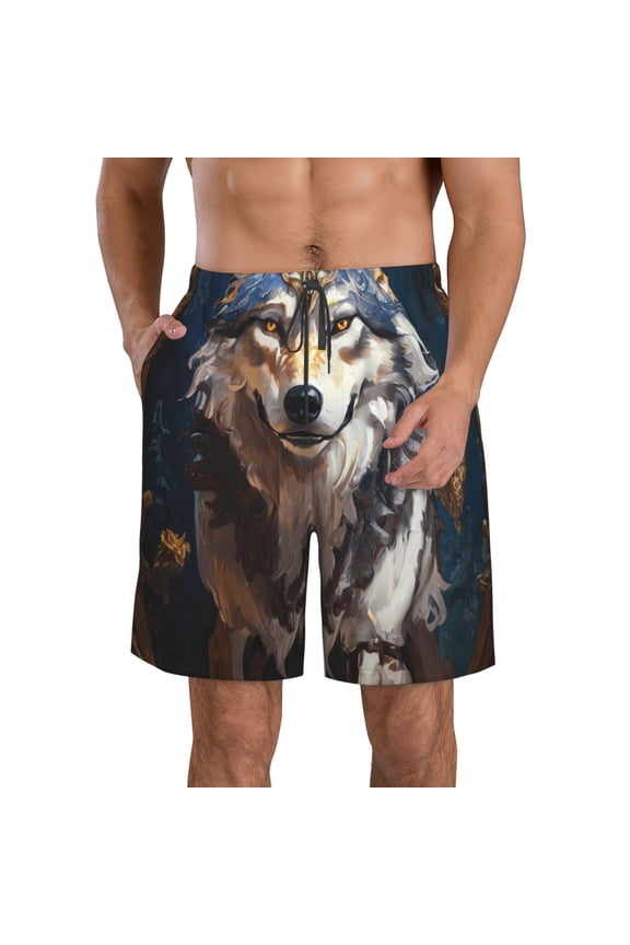 Oil Painting Tribal Wolf Print Mens Swim Trunks Quick Dry Board Shorts,Breathable Hawaii Beach Shorts Swimwear Bathing Suits-Small