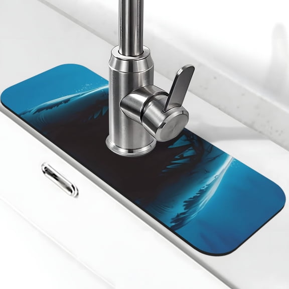 Logiee Open-Mouthed Shark Print Kitchen Sink Splash Guard Faucet Mat for Splash Guard Behind Faucet Drip Catcher for Kitchen,Bathroom,Sink Mat,Dish Drying Mat,Bathroom-15" X 5.5"