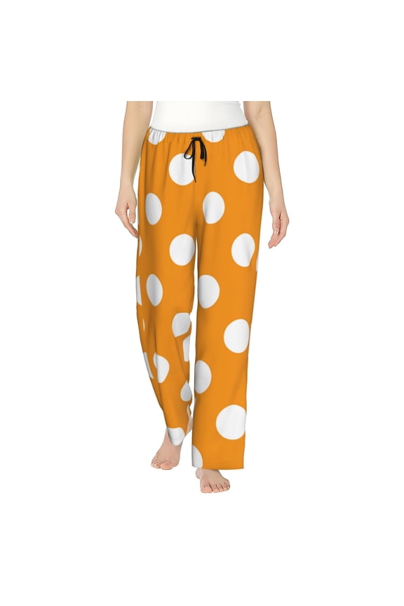 Orange And White Polka Dot Print Women Pajama Pants,Comfy Pj Bottom with Pockets & Drawstring,Stretch Casual Sleepwear-XX-Large