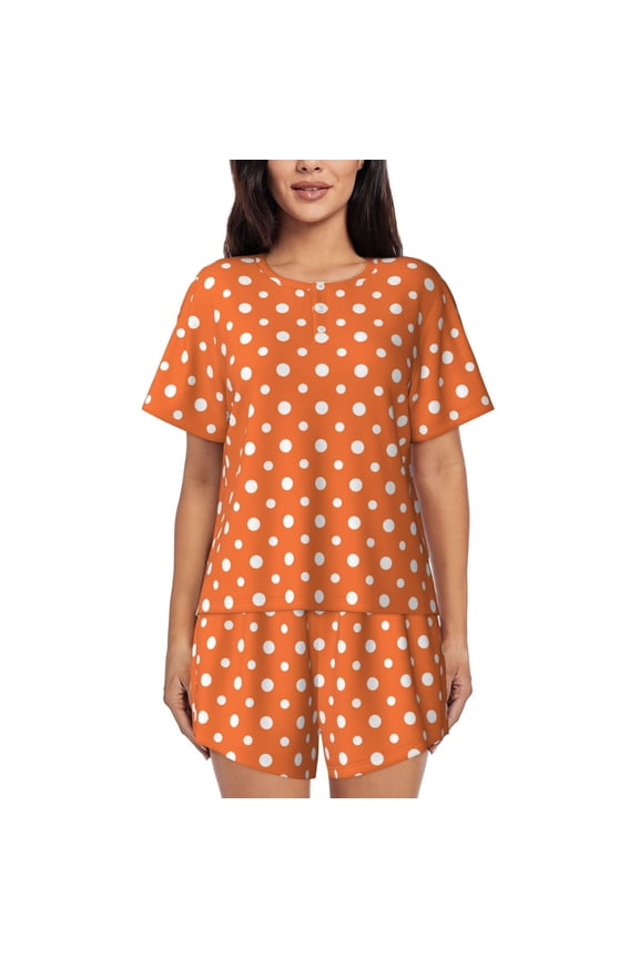 Orange And White Polka Dot Print Womens Pajamas Set,Short-Sleeve Pajama 2 Piece Sleepwear with Pockets-Medium