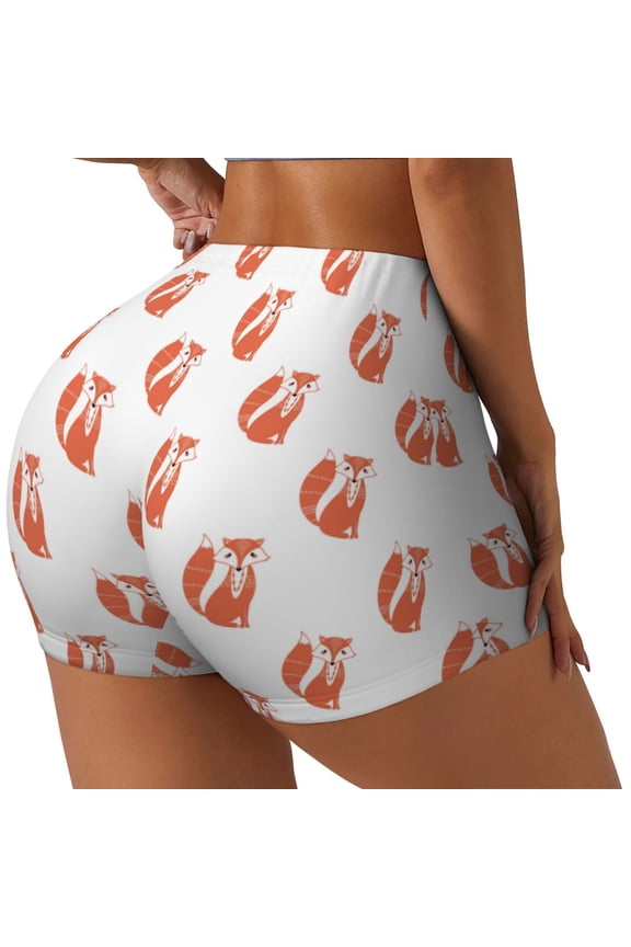 Orange Fox Print Women's Biker Shorts,Workout Gym Shorts,Scrunch Shorts,Tummy Control Hidden Scrunch Running Yoga Shorts-Medium