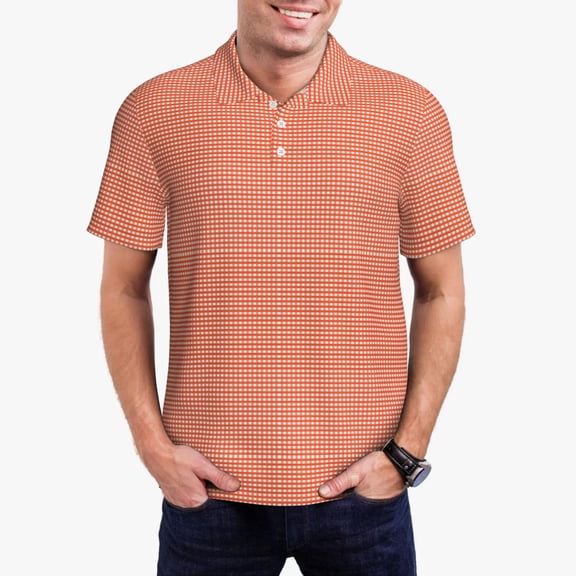Logiee Orange Gingham Print Mens Polo Shirts,Mens Golf Polo Shirts,Short Sleeve Casual Polo Shirts for Men,Summer Fashion Beach Shirts-Medium