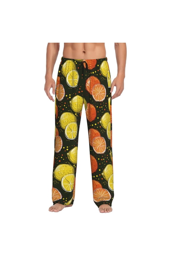 Orange Lemon Print Pajama Pants for Men,Men’s Pajama Bottoms,Mens PJ Pants with Pockets & Button Fly-Small