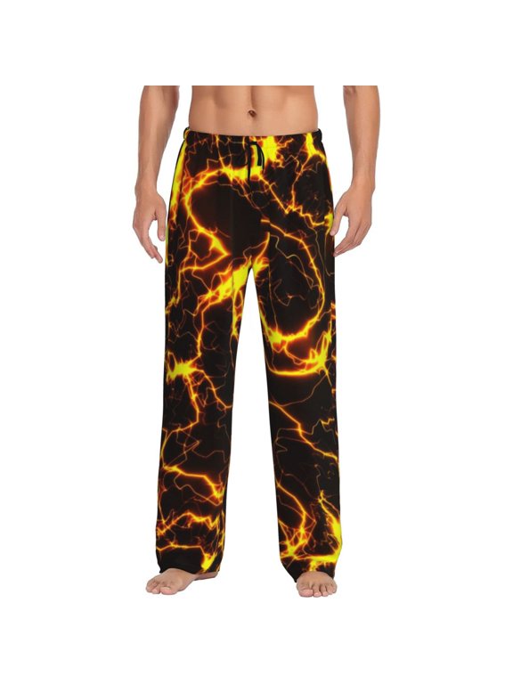 Orange Lightning Print Pajama Pants for Men,Men’s Pajama Bottoms,Mens PJ Pants with Pockets & Button Fly-Small