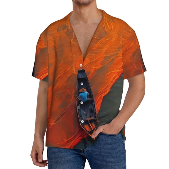 Logiee Orange Net Fishing Boat Print Men's Button Down Shirts Short Sleeve, Summer Beach Shirts,Vacation Wedding Shirts,Men's Casual Button-Down Shirts with Pocket-Medium