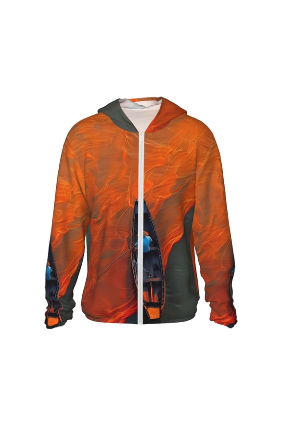 Orange Net Fishing Boat Print Men's Women Light Jacket Full Zip Sun Protection Hoodie Long Sleeve Sun Shirts for Men Hiking Fishing Zip Pockets-3X-Large