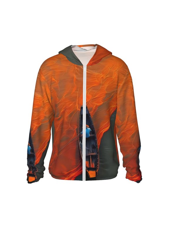 Orange Net Fishing Boat Print Men's Women Light Jacket Full Zip Sun Protection Hoodie Long Sleeve Sun Shirts for Men Hiking Fishing Zip Pockets-X-Large