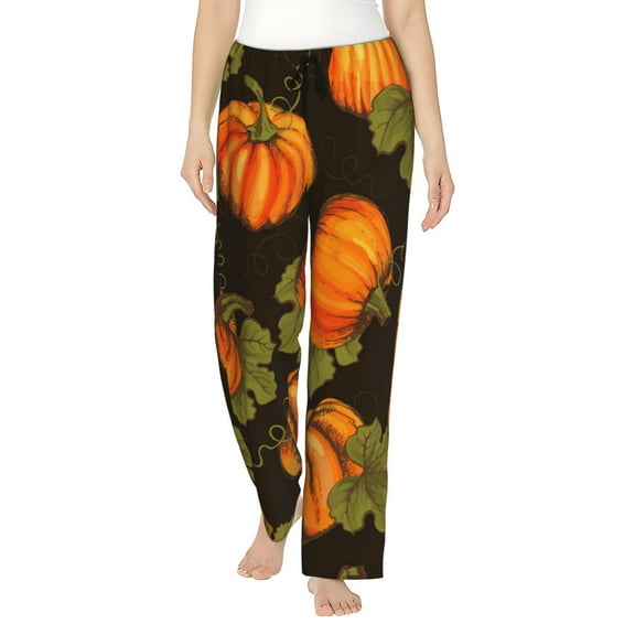 Logiee Orange Pumpkin Print Women Pajama Pants,Comfy Pj Bottom with Pockets & Drawstring,Stretch Casual Sleepwear-X-Large