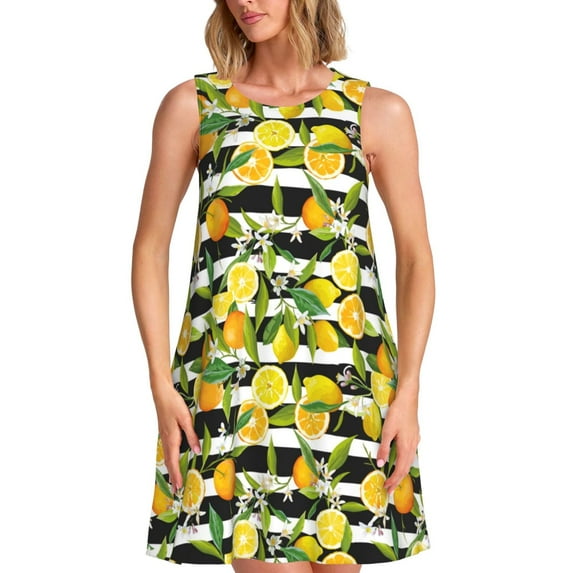 Logiee Orange and Lemon Print Summer Dresses for Women,Beach Sleeveless Flowy Pocket Tshirt Tank Sundresses,Women's Sleeveless Dress