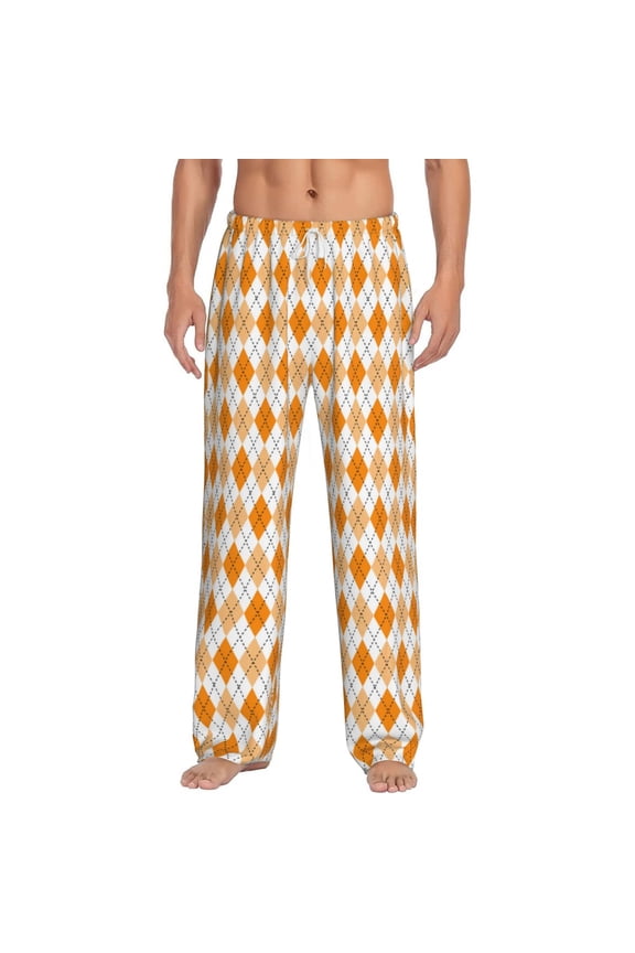 Orange argyle Print Pajama Pants for Men,Men’s Pajama Bottoms,Mens PJ Pants with Pockets & Button Fly-Large