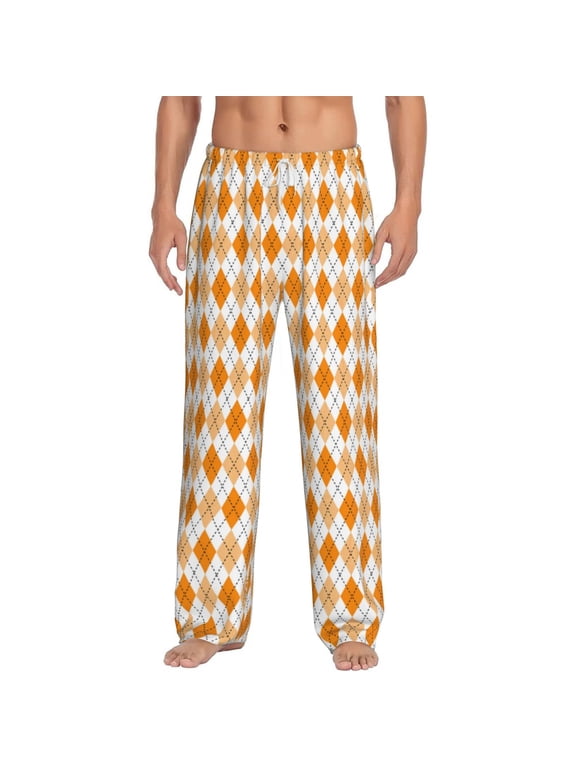 Orange argyle Print Pajama Pants for Men,Men’s Pajama Bottoms,Mens PJ Pants with Pockets & Button Fly-Large